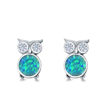 Owl Stud Earrings Lab Created Blue Opal Simulated Cubic Zirconia 925 Sterling Silver